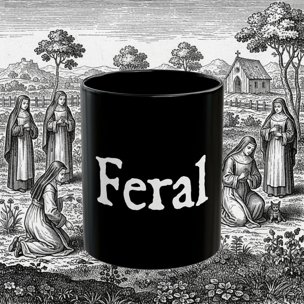 Black mug with 'Feral' printed on a white background